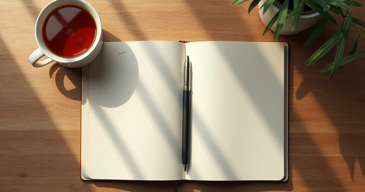 Notebook and tea on a quiet wooden table 