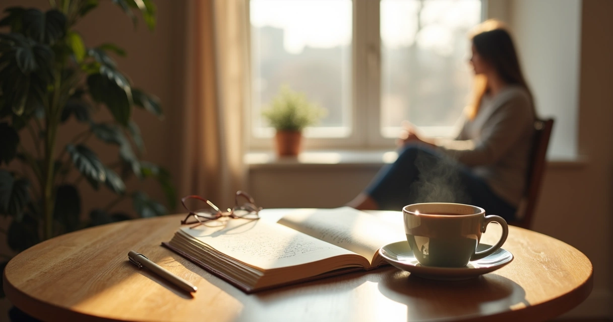 Open journal beside tea cup during quiet reflection