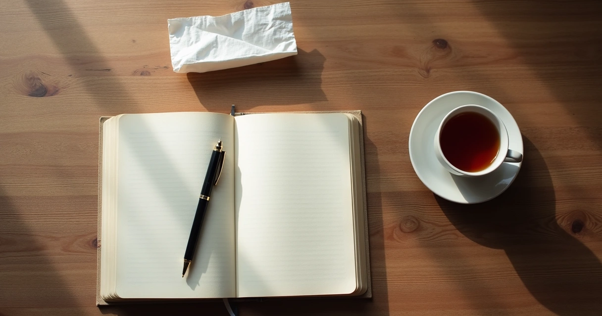 Journal, tea, and quiet reflection on a wooden table