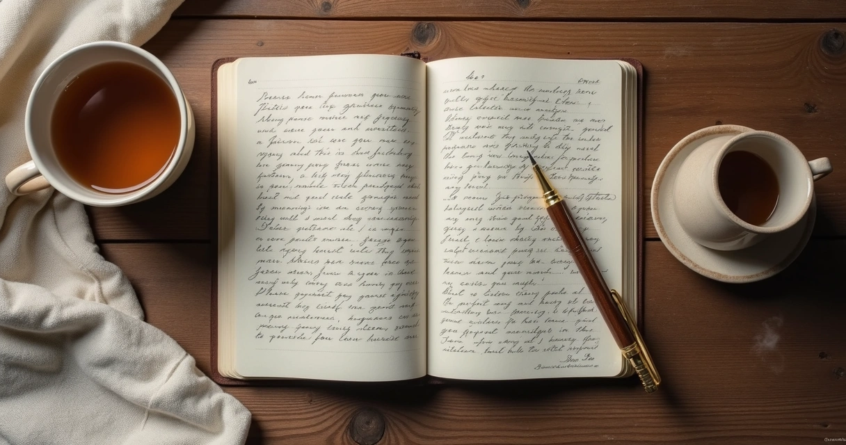 Open journal beside tea cup on a table during quiet reflection