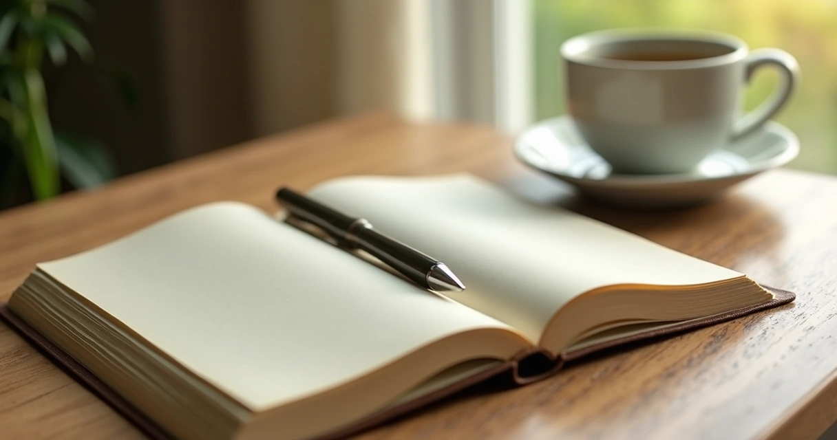Open journal and tea on a quiet table 