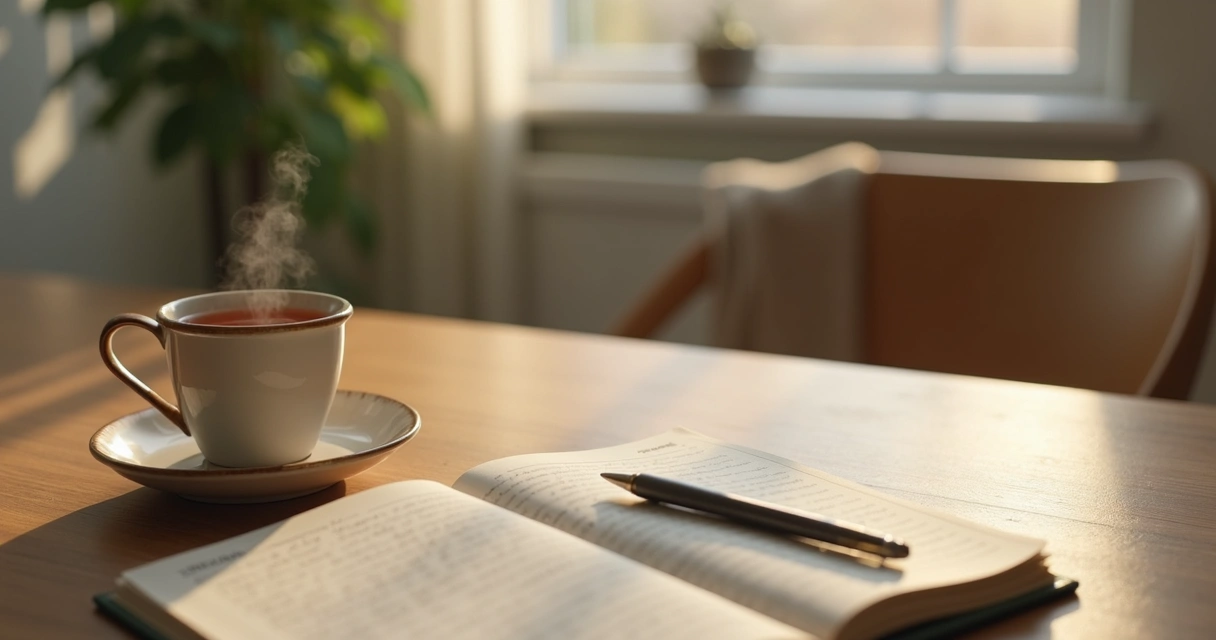 Open journal, tea cup, and calm reflection space on a desk