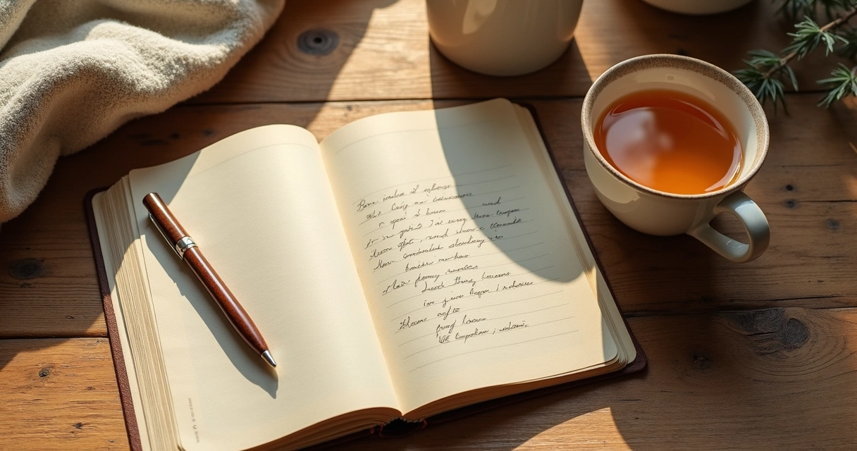 Open journal beside a cup of tea on a table