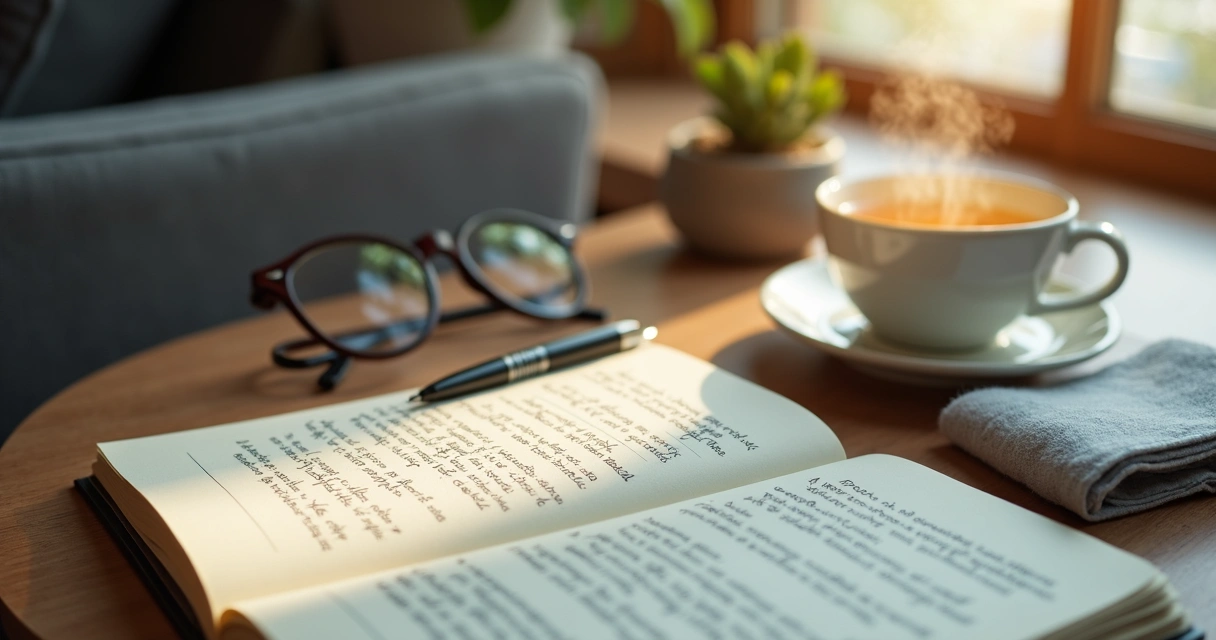 Open journal with tea cup on a table during reflective pause 