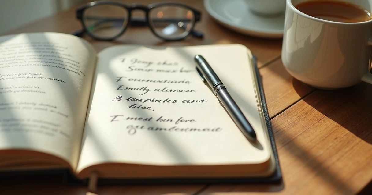 Open journal with notes beside tea during reflection
