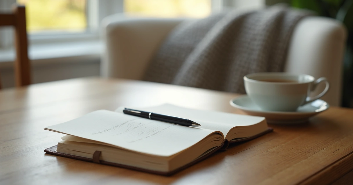 Open journal and tea cup on a table by a window 