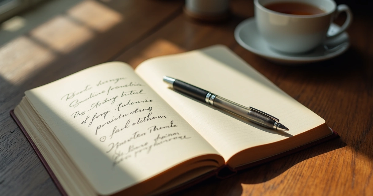 Open journal with pen beside a cup of tea on a wooden table