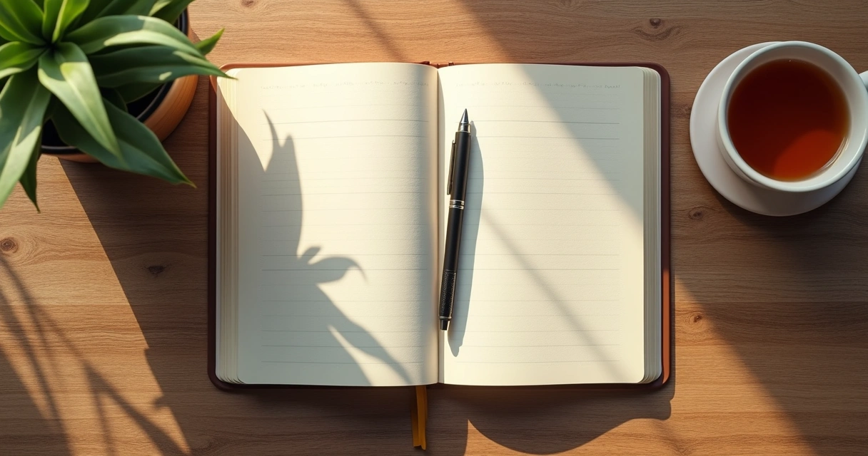 Open journal and tea cup on a wooden table 