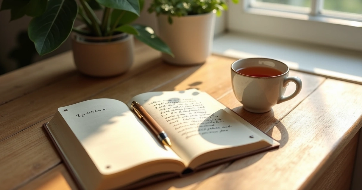 Open journal beside tea cup and calm window light
