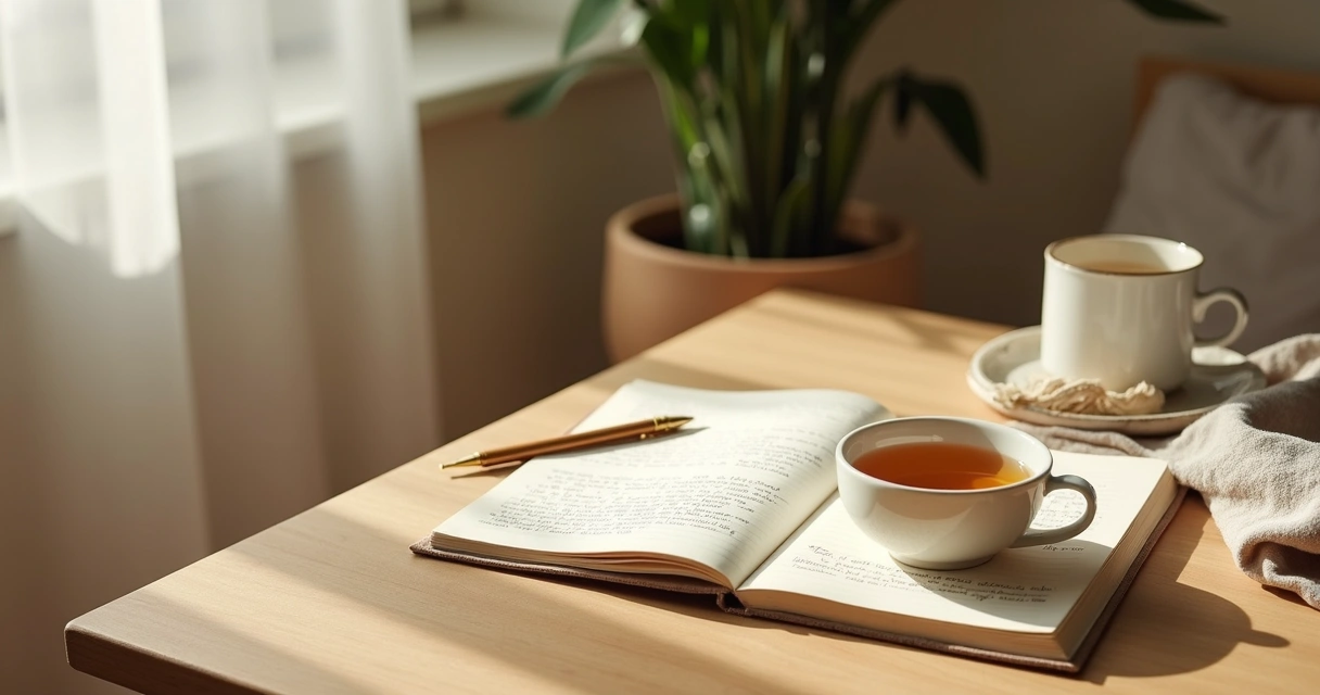 Open journal and tea on a quiet table 