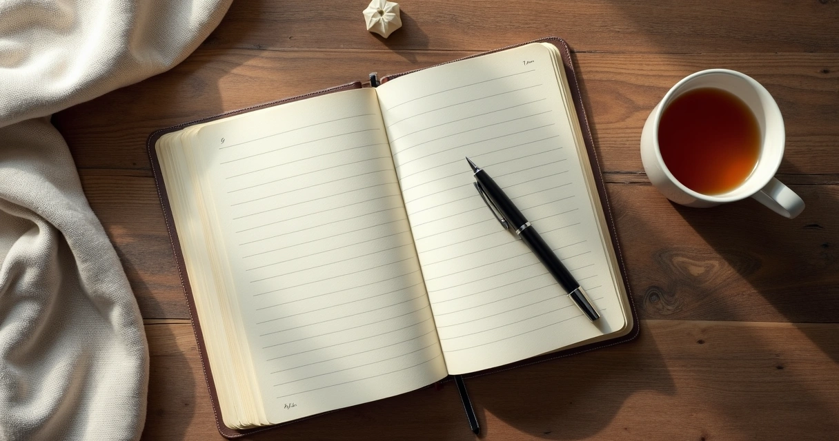 Open journal, pen, and tea on a wooden table in soft light 
