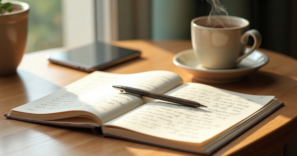 Open journal and tea cup on a quiet table 