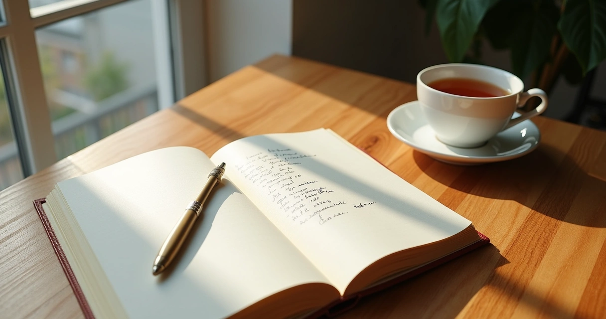 Open journal and tea on a wooden table by a window 