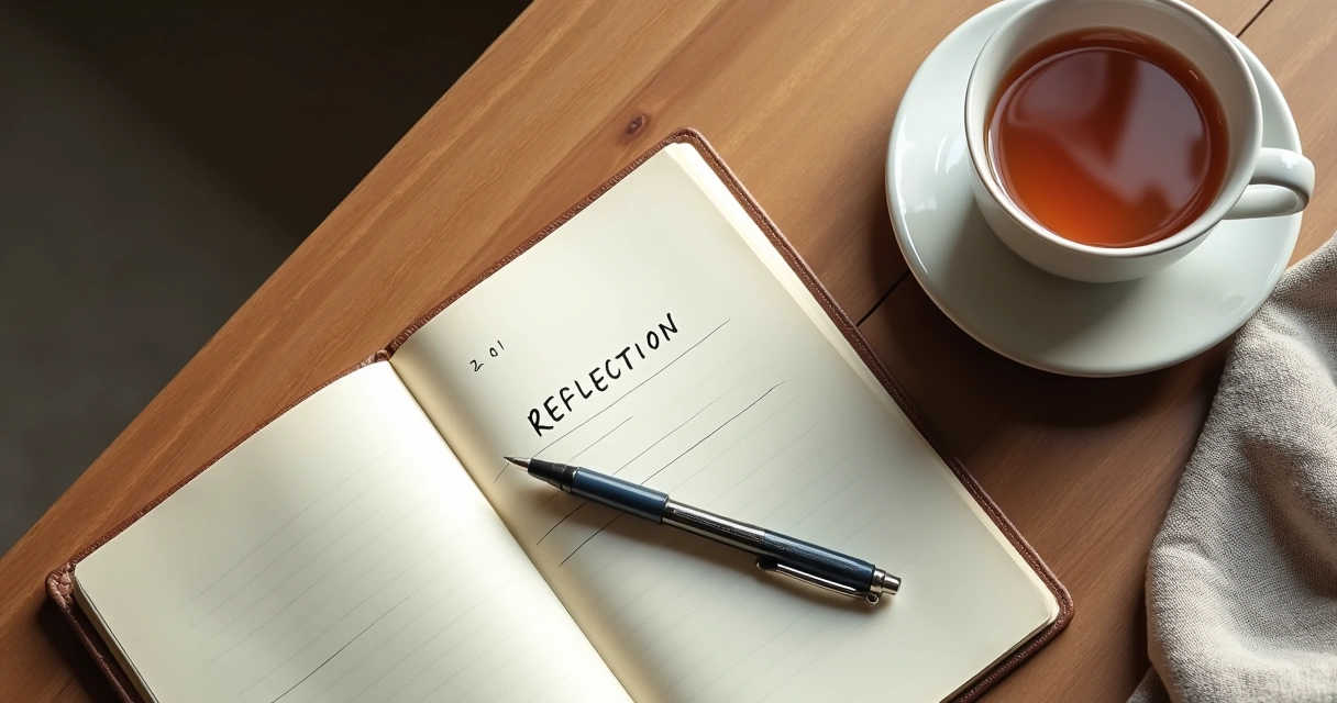 Open journal and tea on a table for quiet reflection