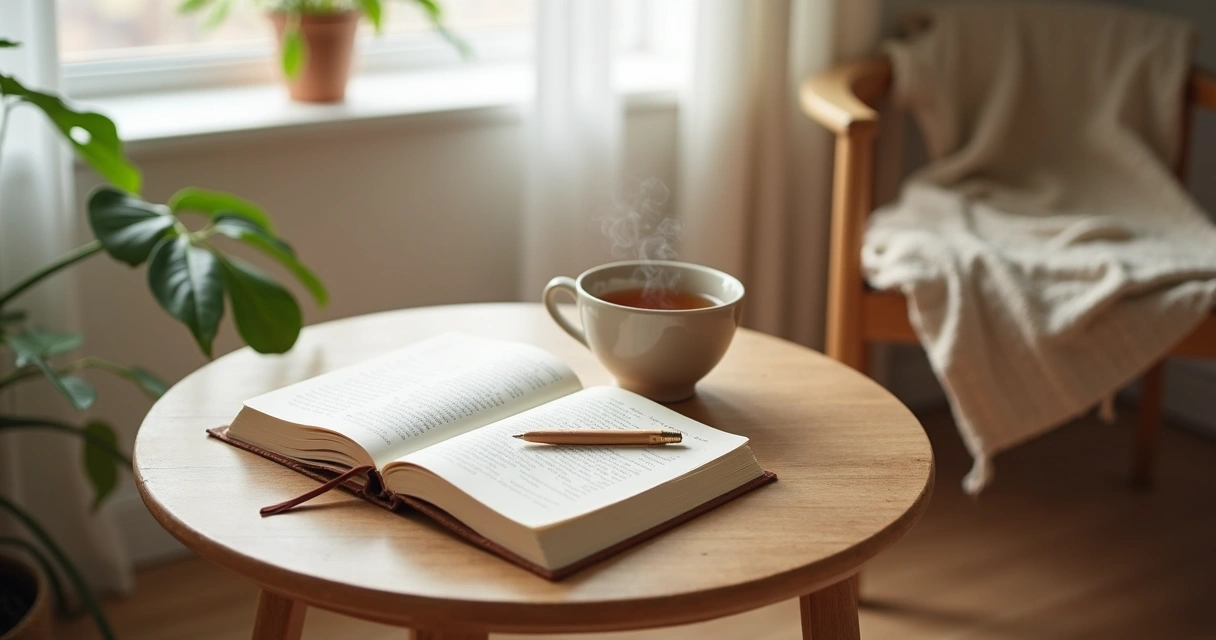 Open journal and tea cup on a quiet table 