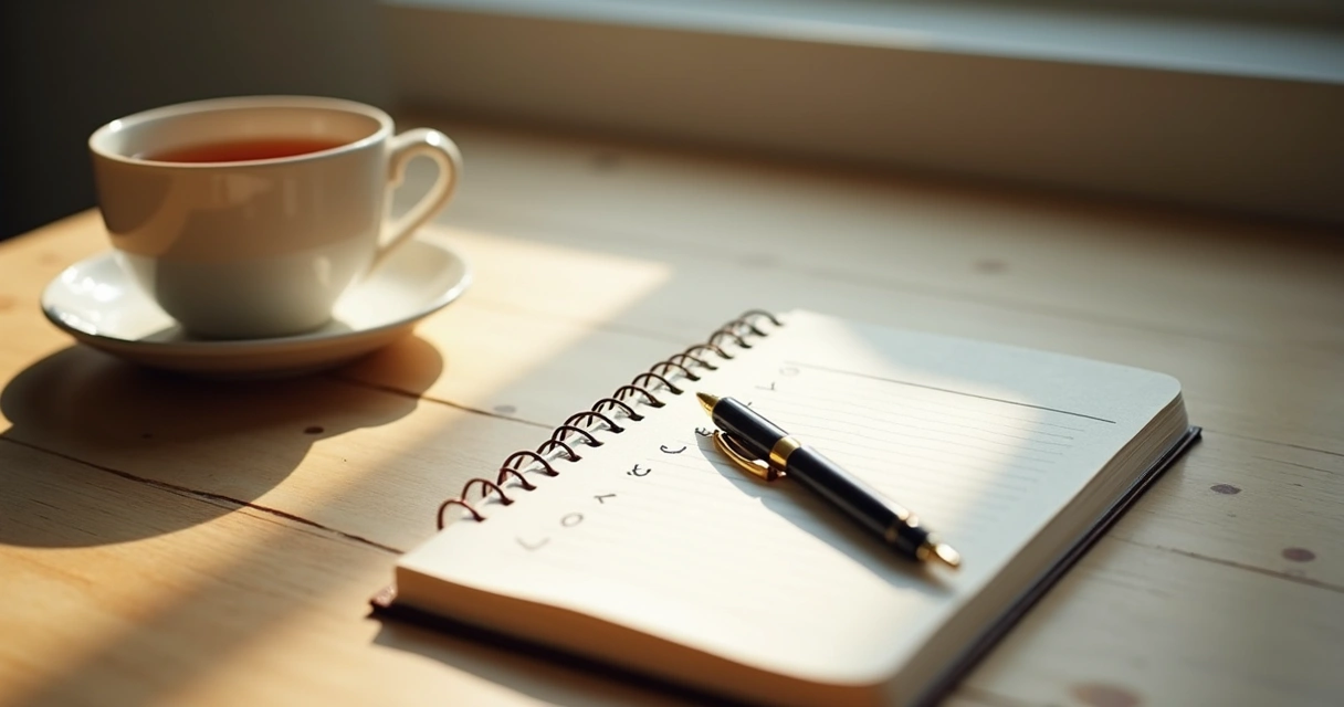 Journal, pen, and tea on a table during a reflective pause 