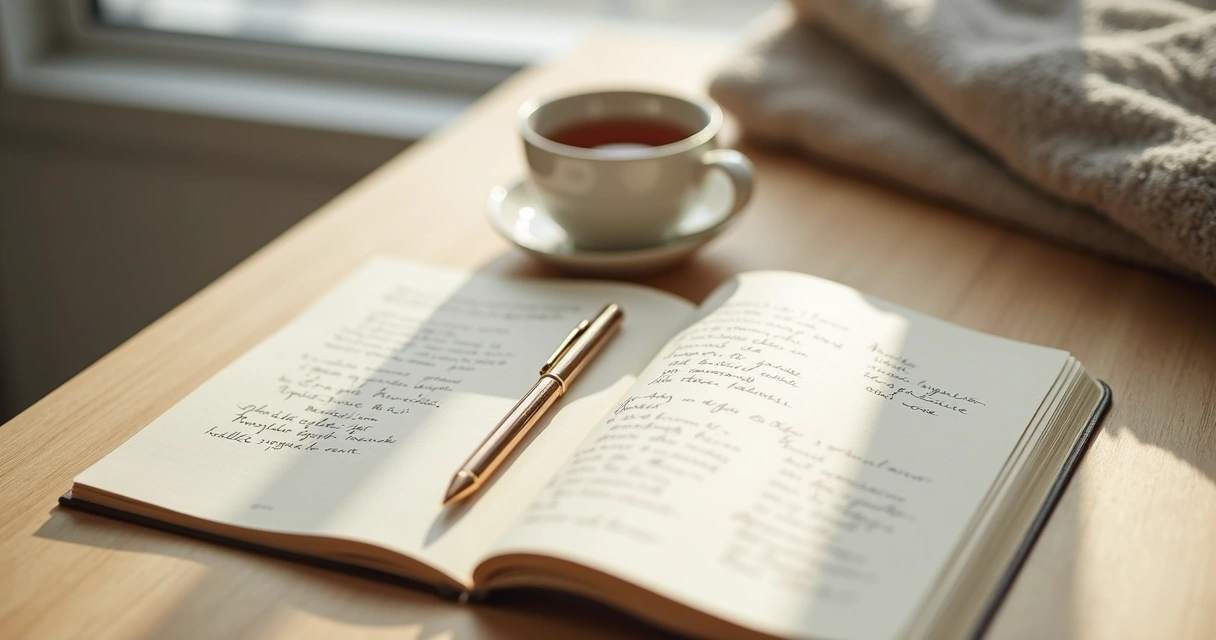 Open journal beside tea during quiet reflection 