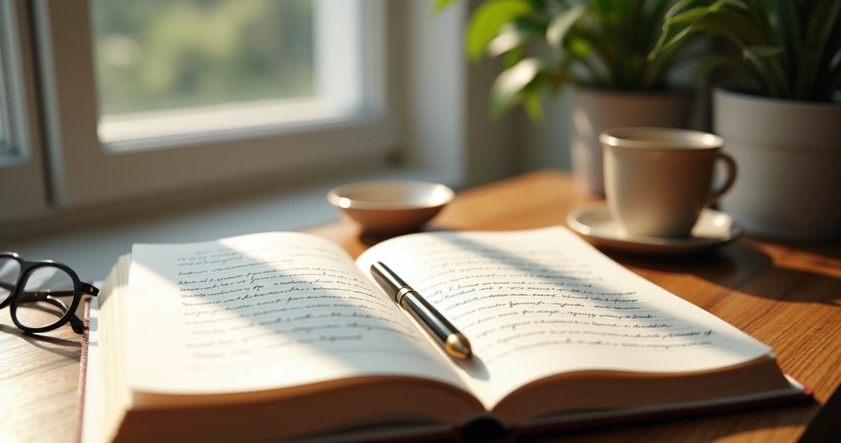 Open journal with handwritten notes beside a calm window 