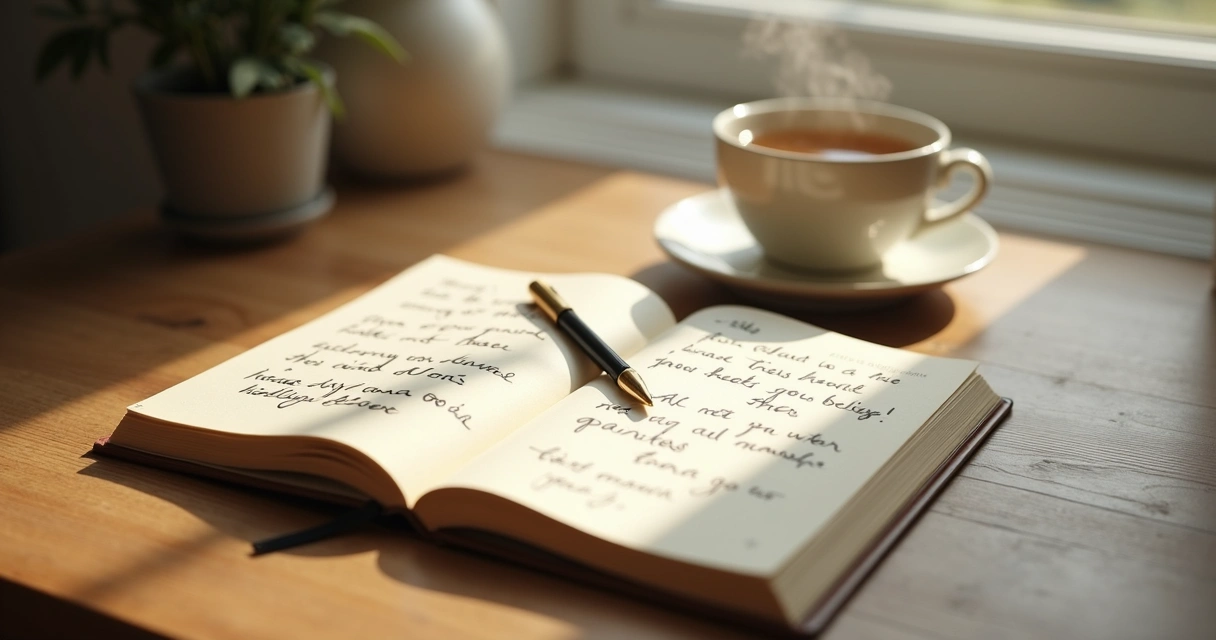 Open journal with handwritten notes beside a calm window