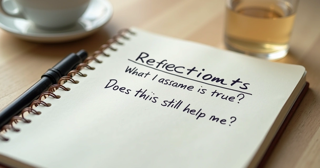 Notebook with belief questions and a pen on a calm desk 