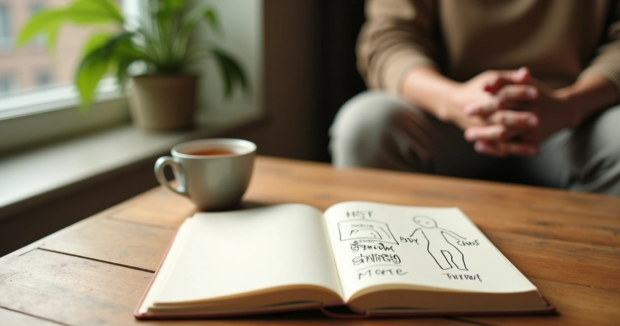 Notebook and cup beside a person observing body sensations
