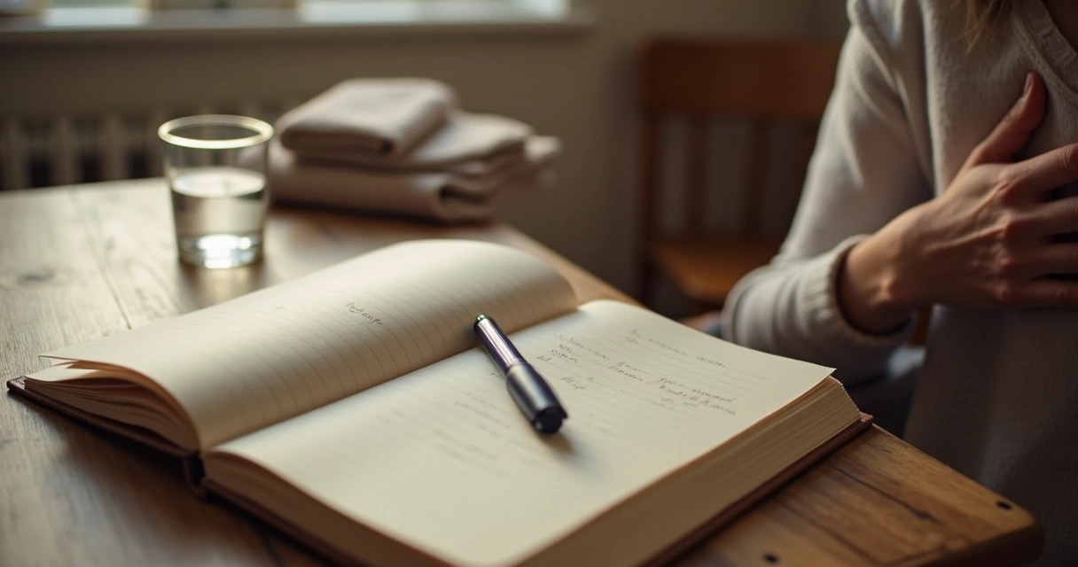 Open journal beside a hand resting on the chest