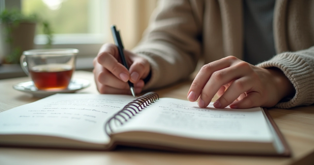 Open journal and hands writing boundary reflections 