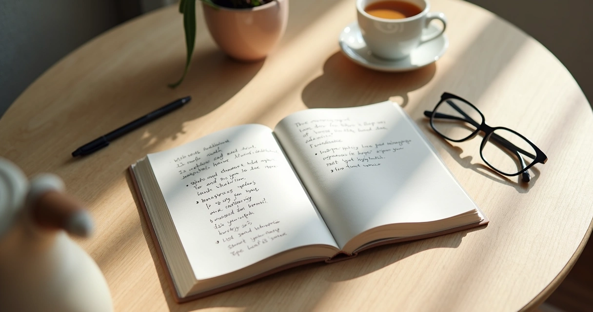 Open journal and tea on table during quiet self-reflection moment 