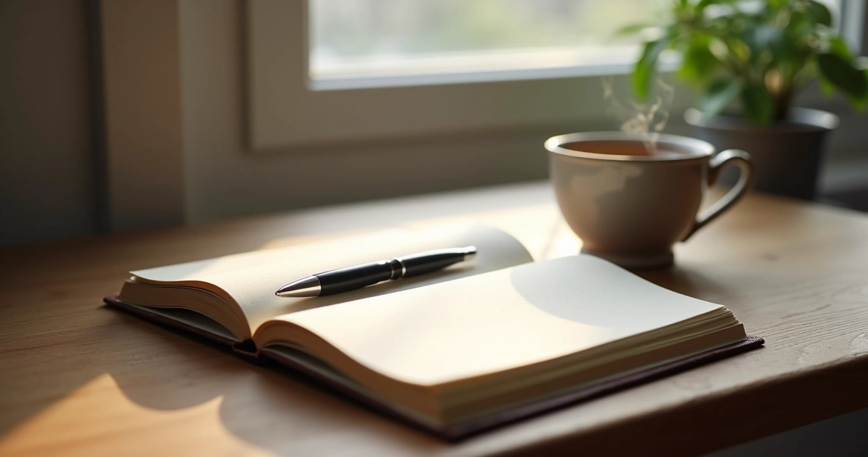 Open journal beside tea and calm window light 