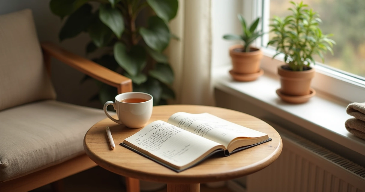 Notebook and tea on a quiet home corner table 