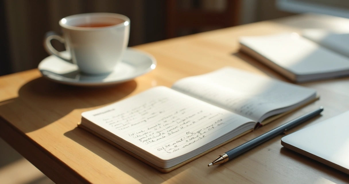 Notebook, pen, and calm workspace for daily leadership reflection 