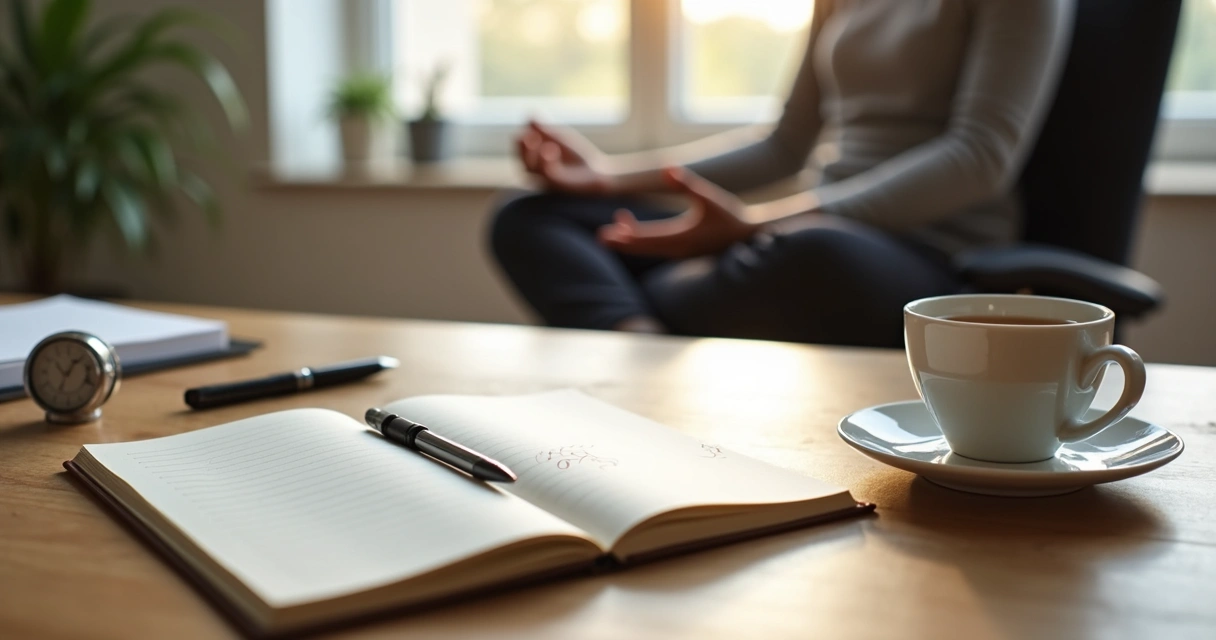 Open journal beside tea and calm breathing space on a desk 