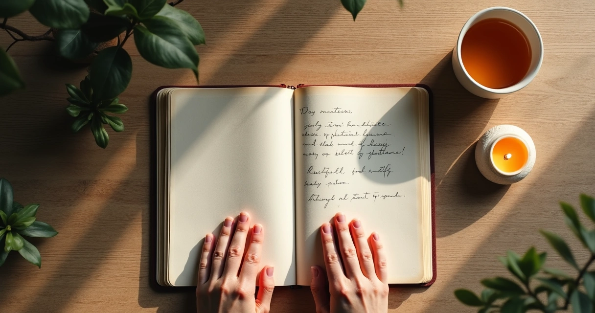 Journal, tea, and calm breathing practice at a desk 