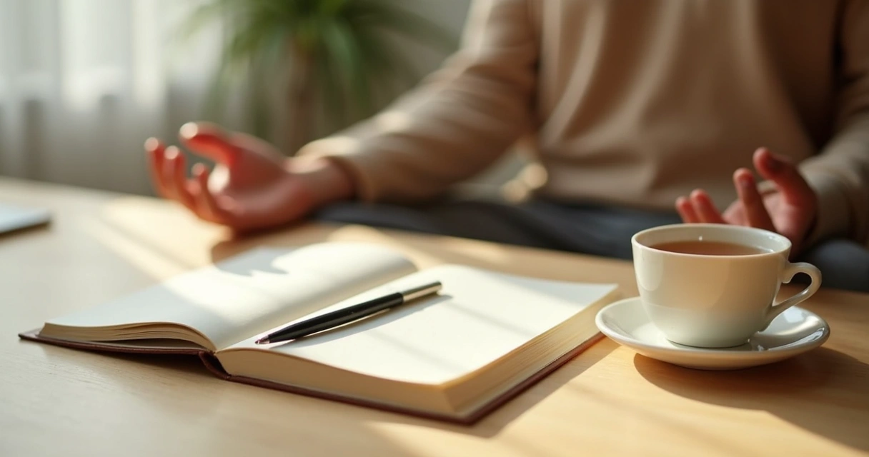 Open journal beside tea during a quiet reflection moment
