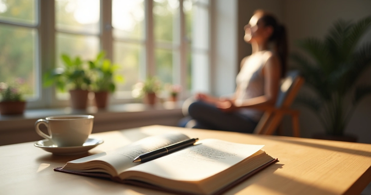 Journal and calm breathing space on a wooden desk