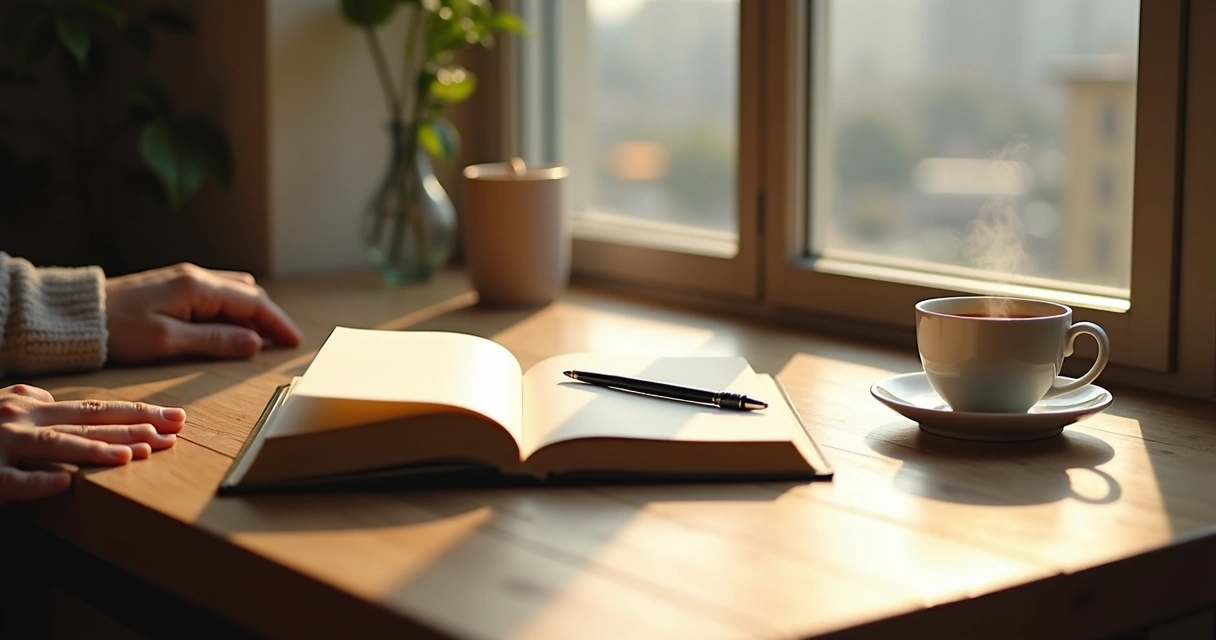 Open journal and tea beside a window during a quiet reflection moment