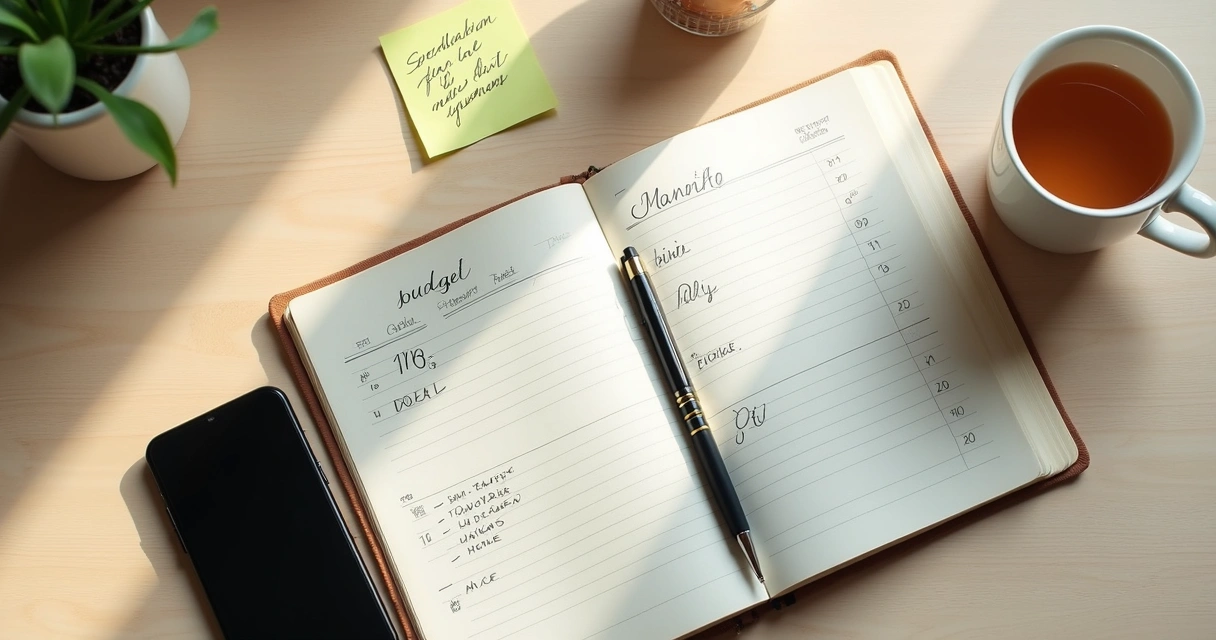 Notebook budget page beside tea, pen, and calm desk setup