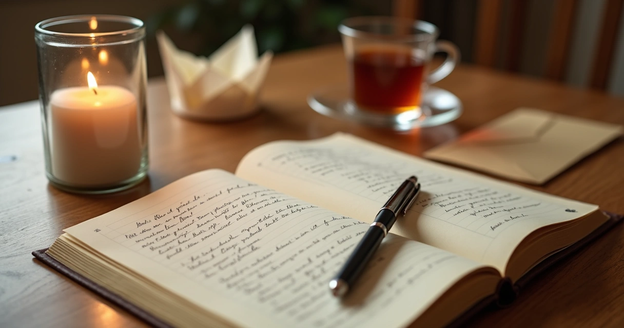 Journal, candle, and sealed envelope on a wooden table 