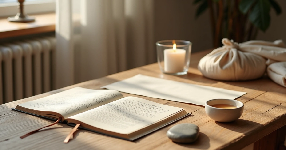 Journal, candle, and meaningful objects on a quiet table