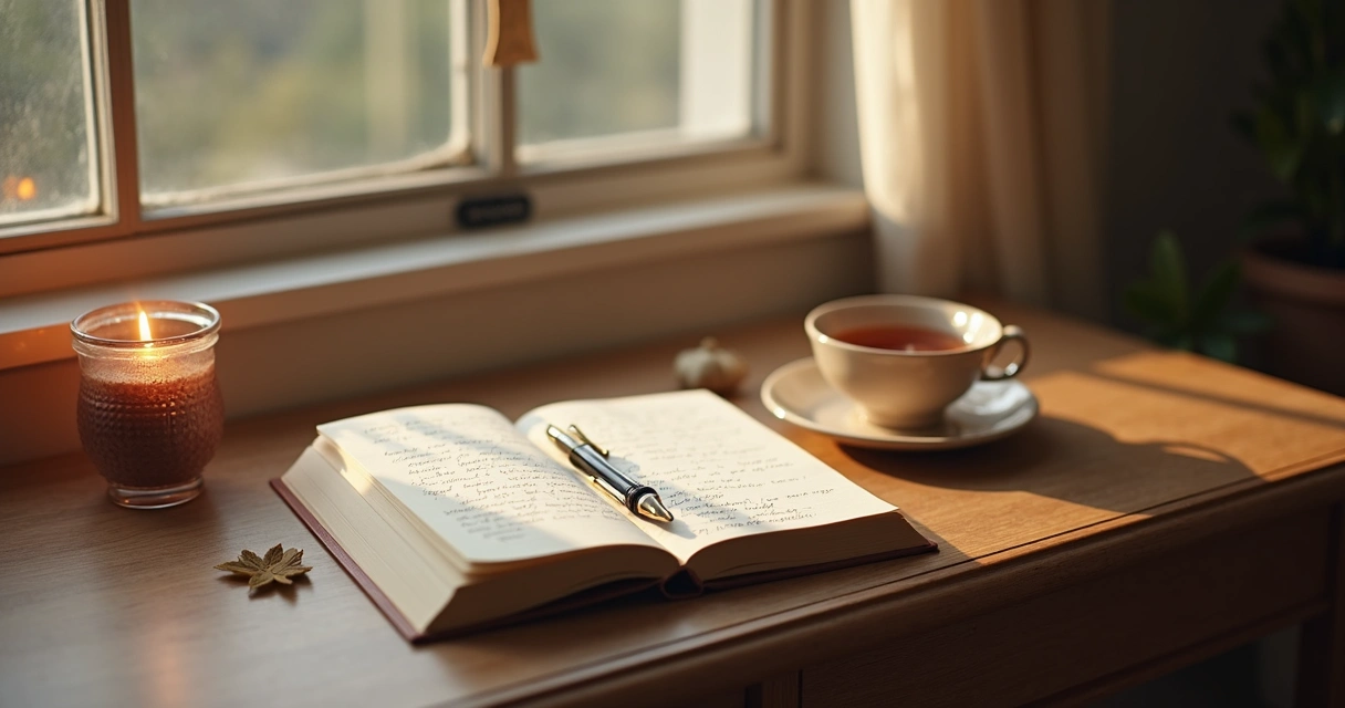 Journal, candle, and tea beside a window during a closing reflection