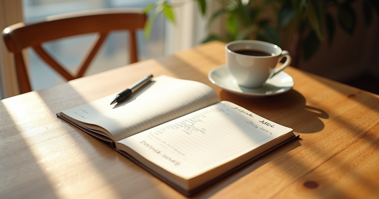 Open journal beside a cup of coffee on a wooden table 