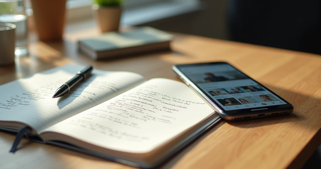 Open journal beside a phone showing social comparison reflections