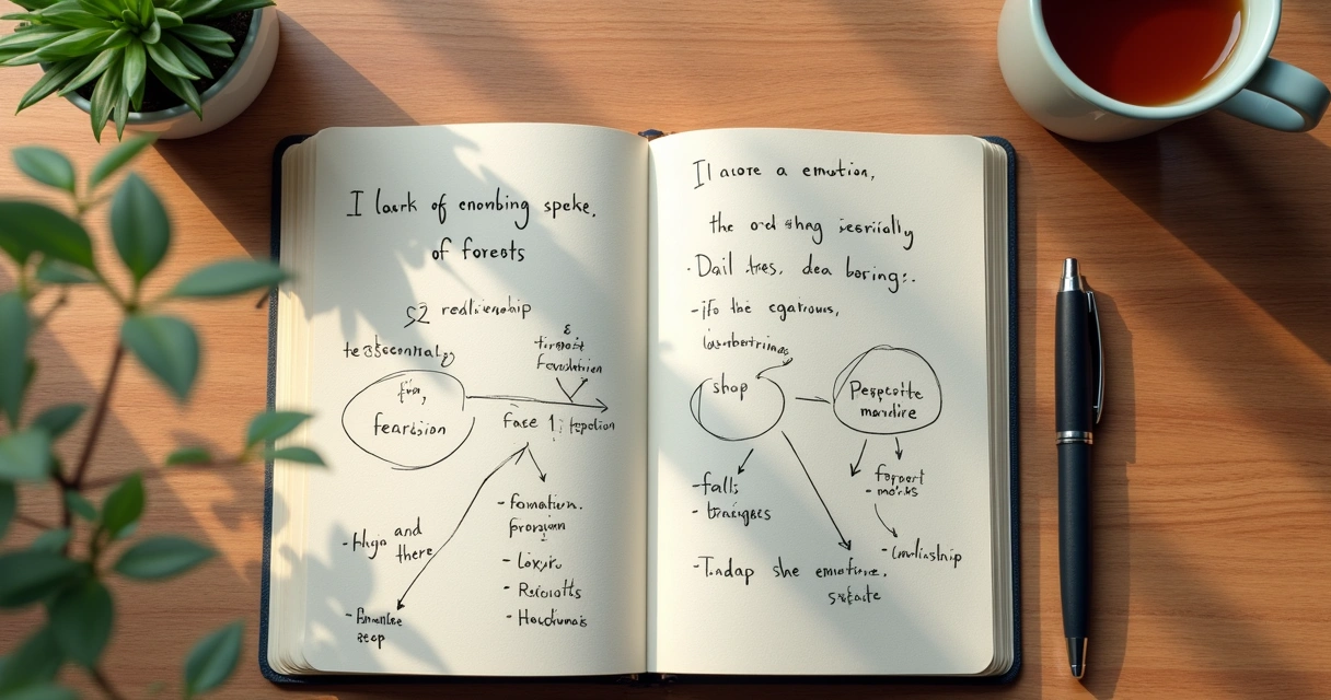 Notebook with handwritten self-reflection notes and a mind map 