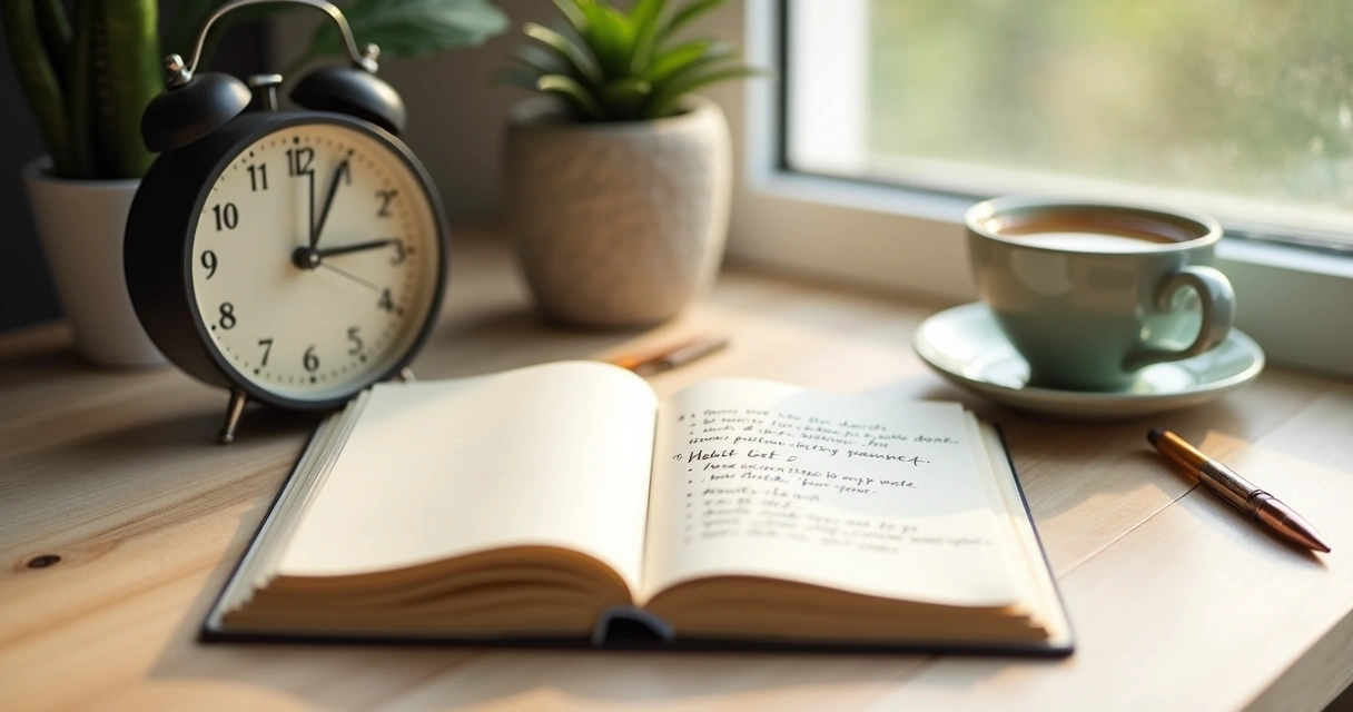Journal, clock, and tea on a morning desk 