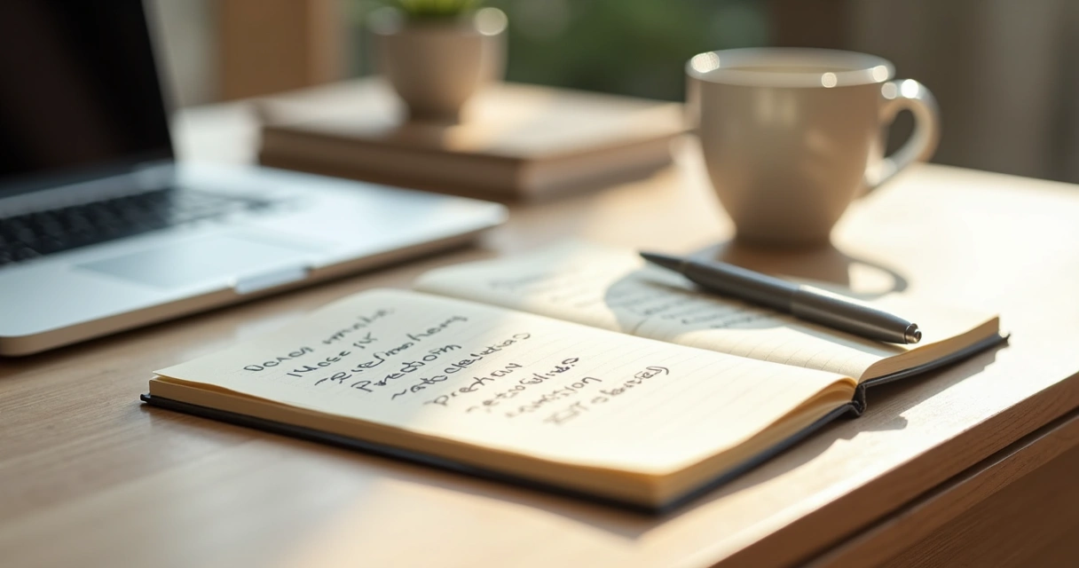 Notebook, coffee, and laptop on a desk for self-reflection
