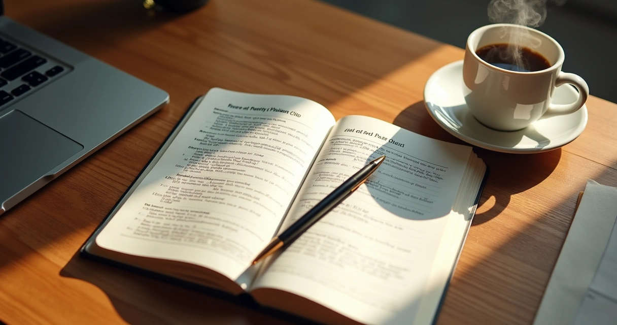 Notebook with handwritten reflection questions and coffee cup on desk 