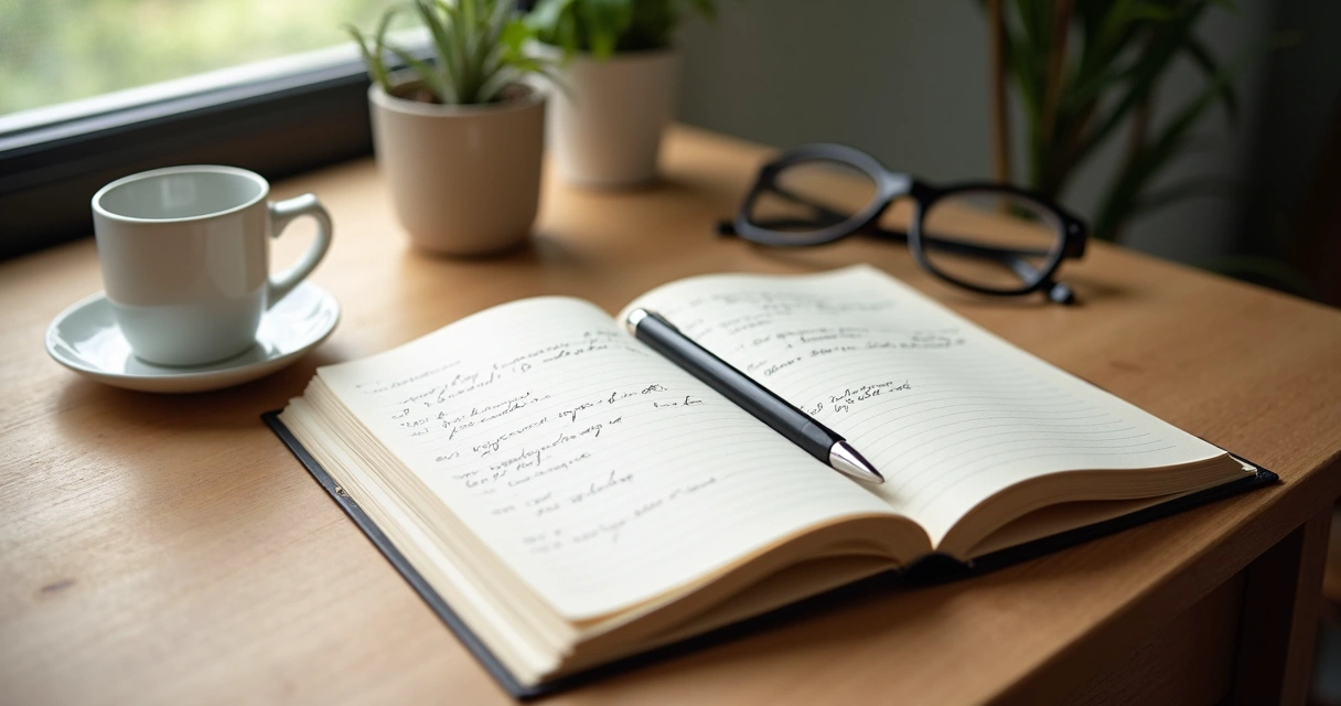 Open journal with pen on a quiet desk near a window