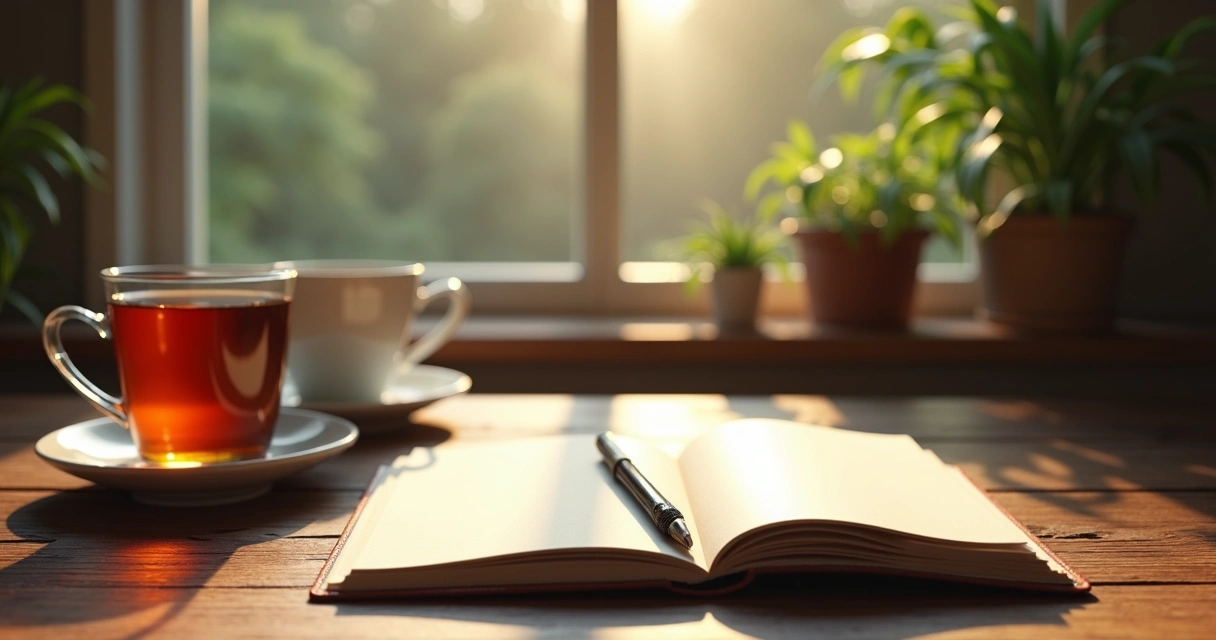 Open journal on a wooden desk near a window with sunlight 