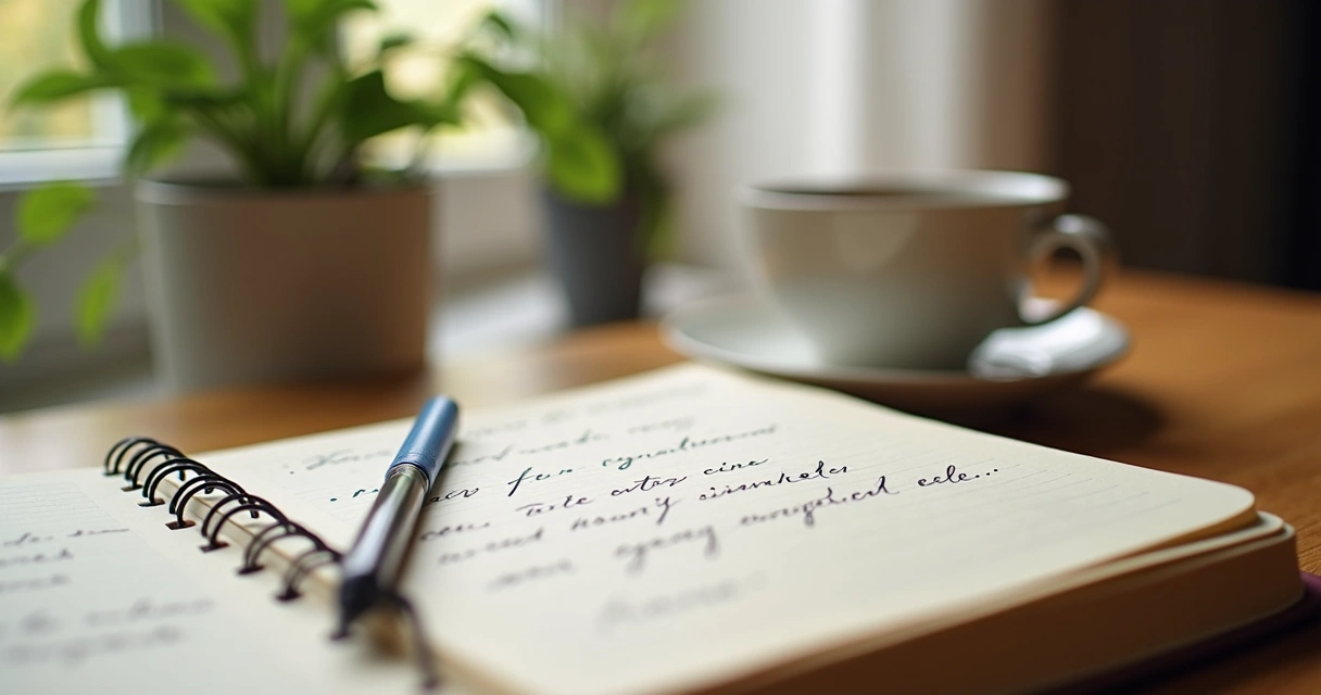 Open journal with handwritten notes beside tea cup