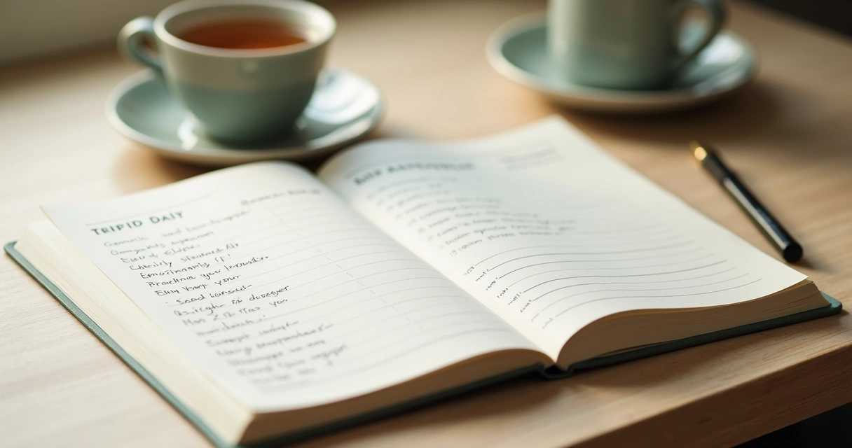 Open journal with mood notes and a cup of tea on a desk 